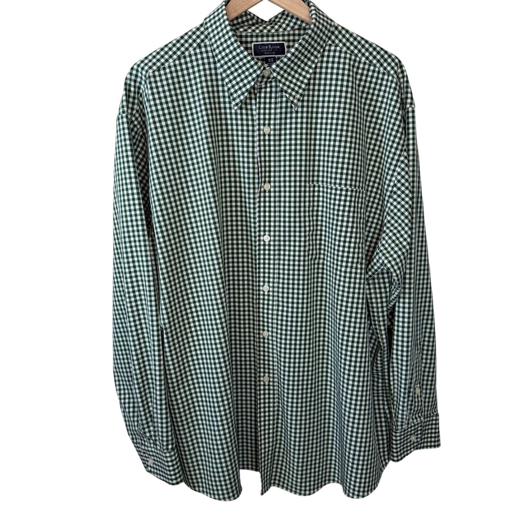 Club Room Mens Traveler Reg Fit Gingham Shirt Green White 18.5 34-35 Stretch 008